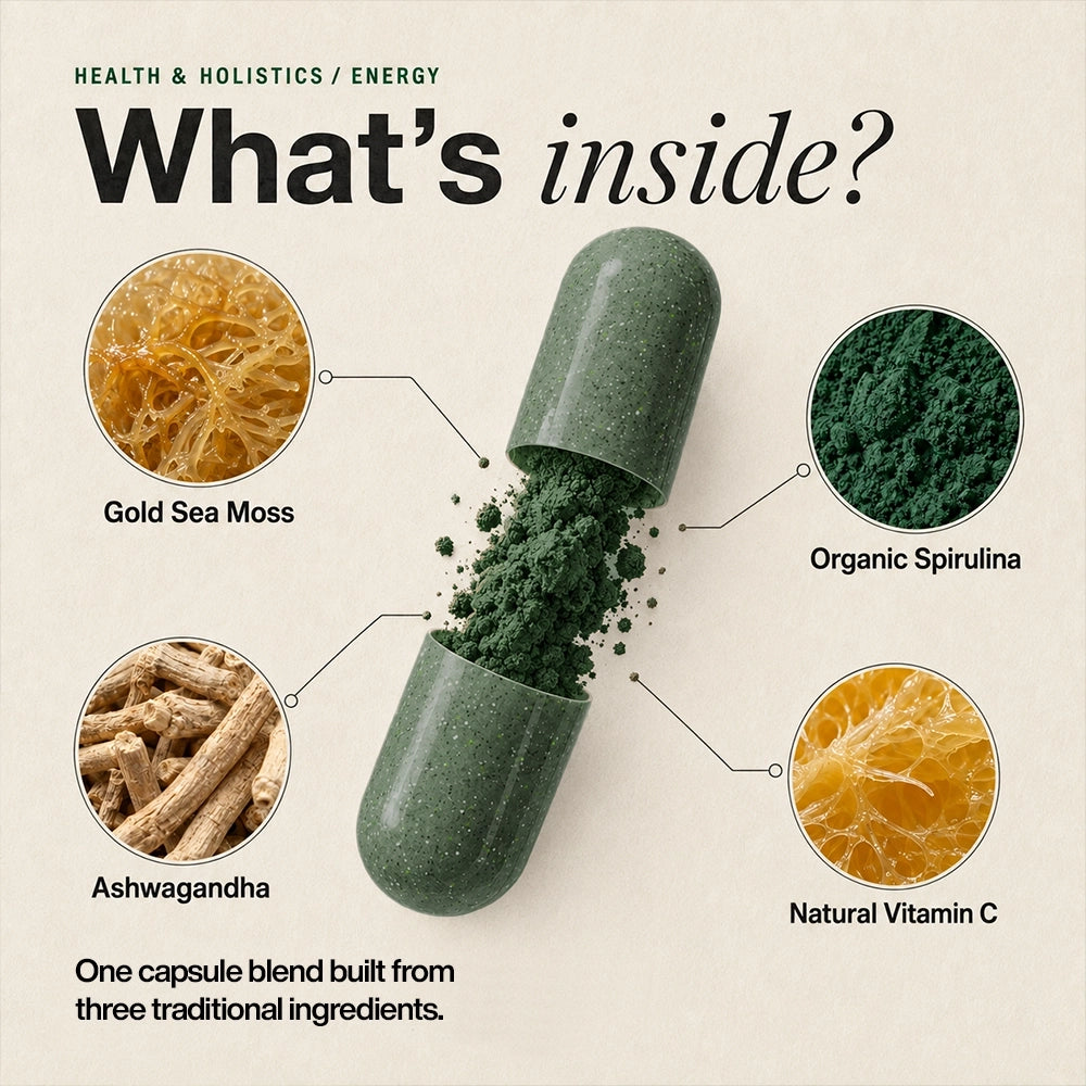 Health and Holistics Energy Sea Moss Capsules with Spirulina & Ashwagandha