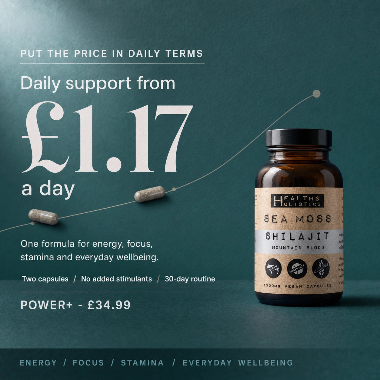 Health & Holistics - Organic Sea Moss Capsules - Power+ (Shilajit) - 60 Capsules